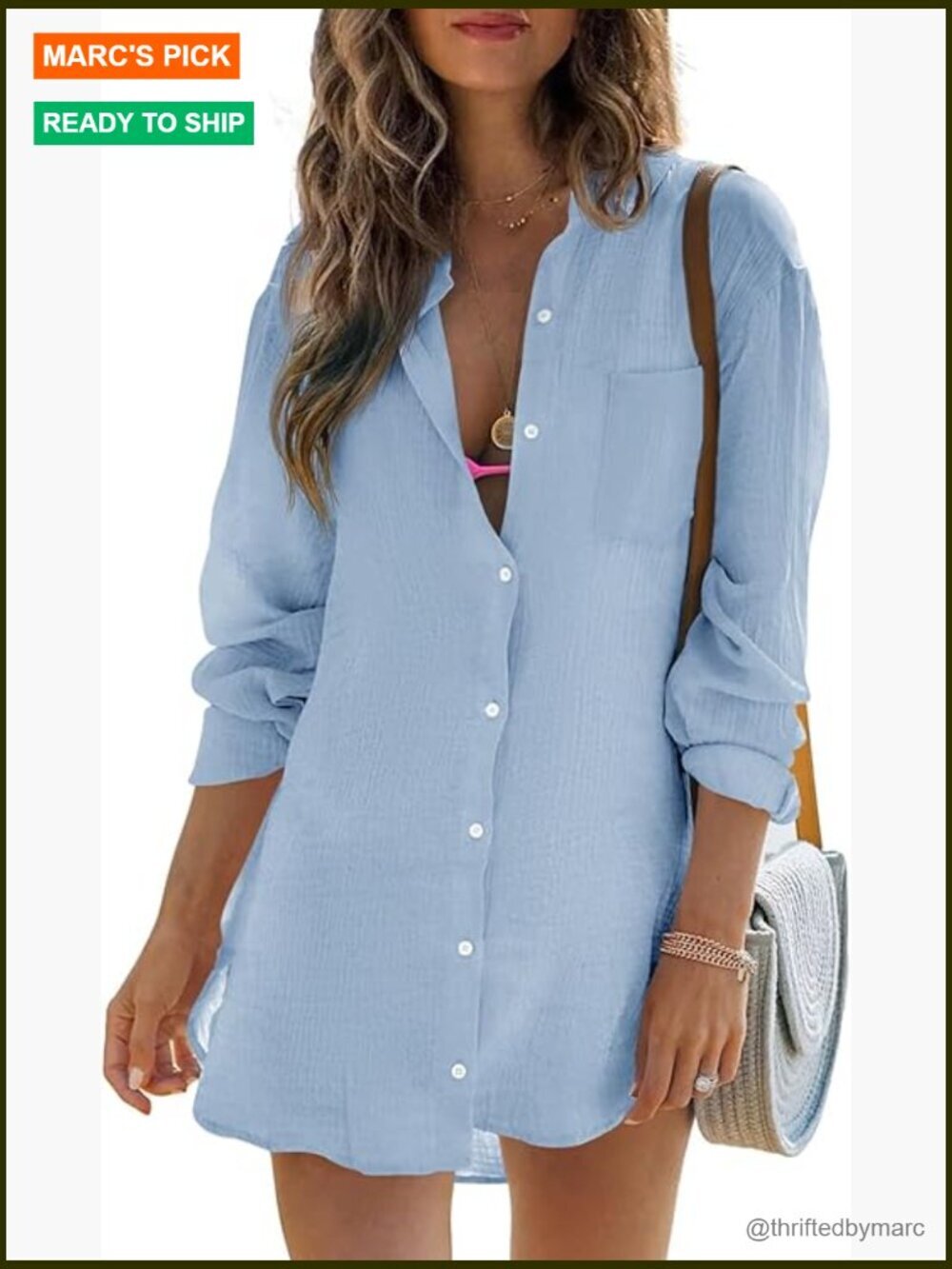 Women's Beach Cover Up Button Down Shirt Long Sleeve Cotton Gauze Bikini